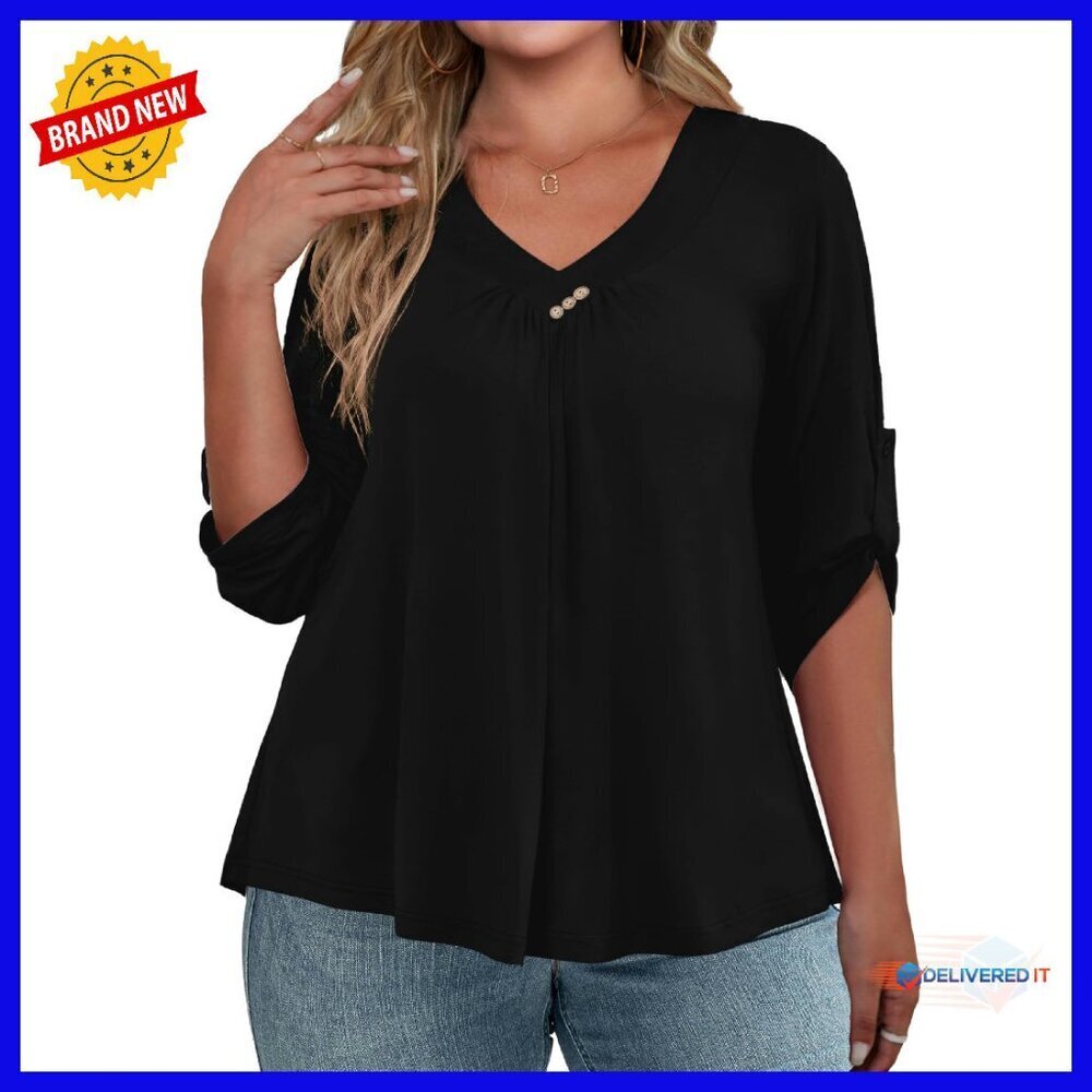 Plus Size 3/4 Sleeve V-Neck Tunic Top - Business Casual Blouse